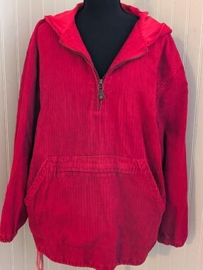 VTG 90s Paul Harris Design Red Corduroy Hooded Anorak Pullover Jacket Medium